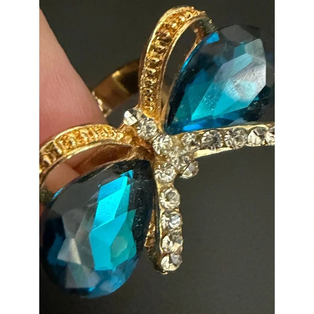Vintage Rhinestone Ring Butterfly Adjustable Teal Gold Tone